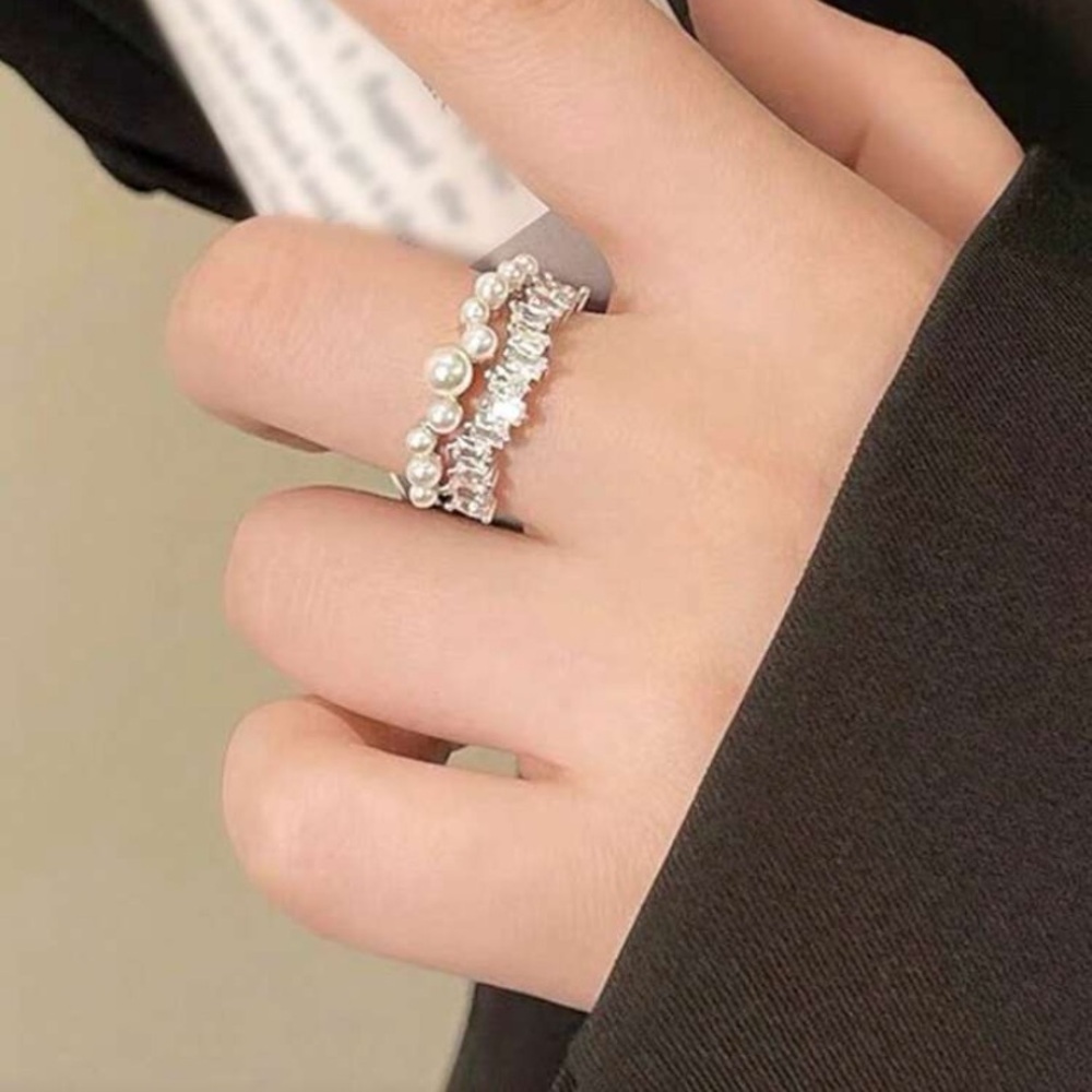 NWT Sterling Silver French Style Pearl and Cubic Zirconia Adjustable Cuff Ring